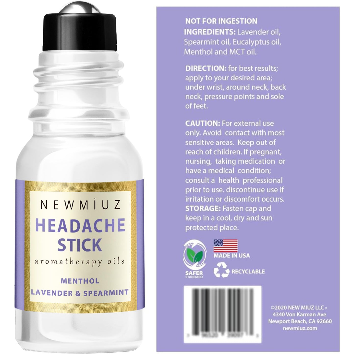 Migraine Roll On Stick - Menthol Fast Cooling Comfort for Your Headache Tension. Aromatherapy Essential Oils Blend Peppermint Lavender Spearmint. Self Care Calming Gift for Women Men. Made in USA