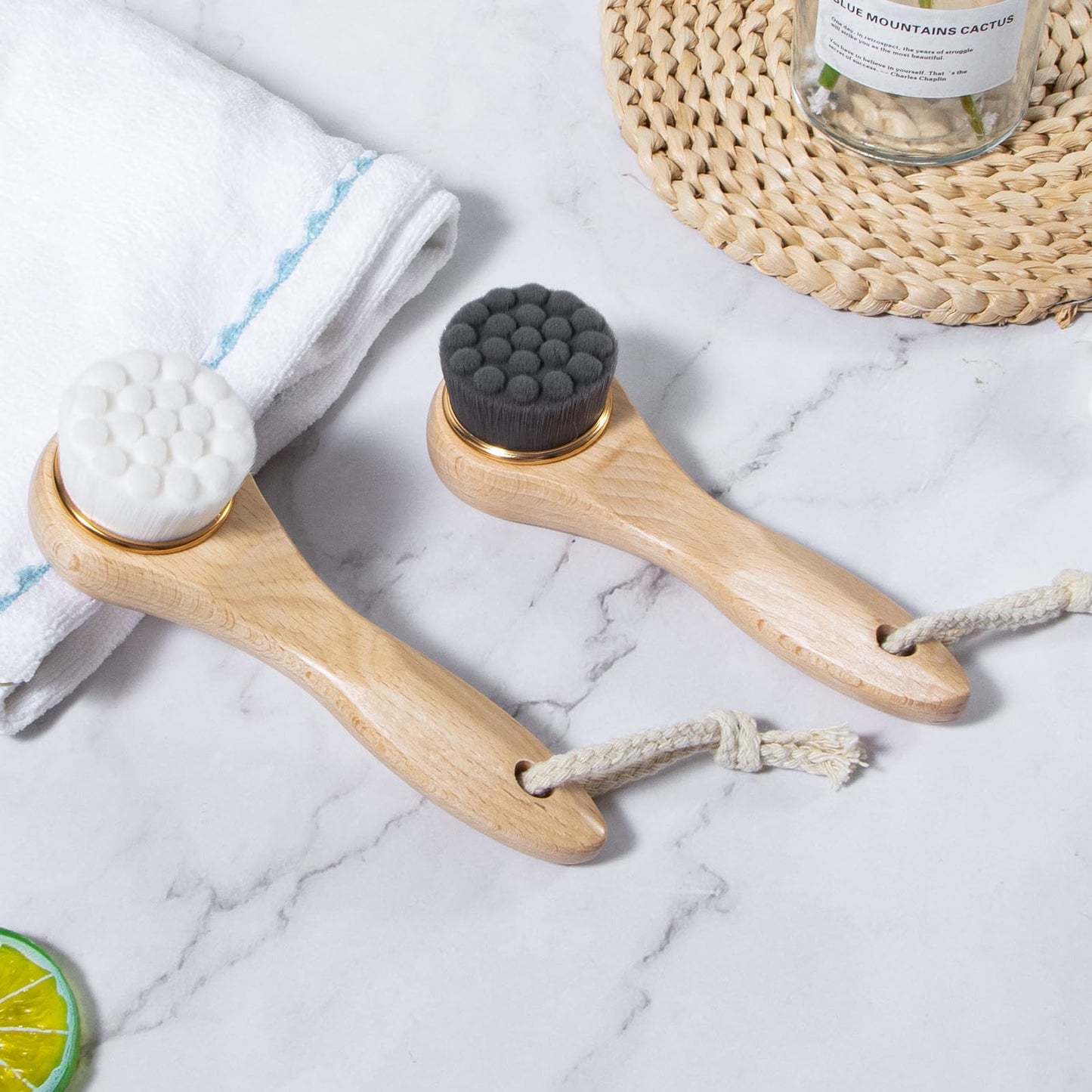 Beomeen 2 Pcs Face Scrubber with Wooden Handle, Facial Cleansing Brushes Face Wash Brush for Deep Pore Cleansing and Exfoliating, Ultra Soft Bristles Manual Dry Brush for Face Care