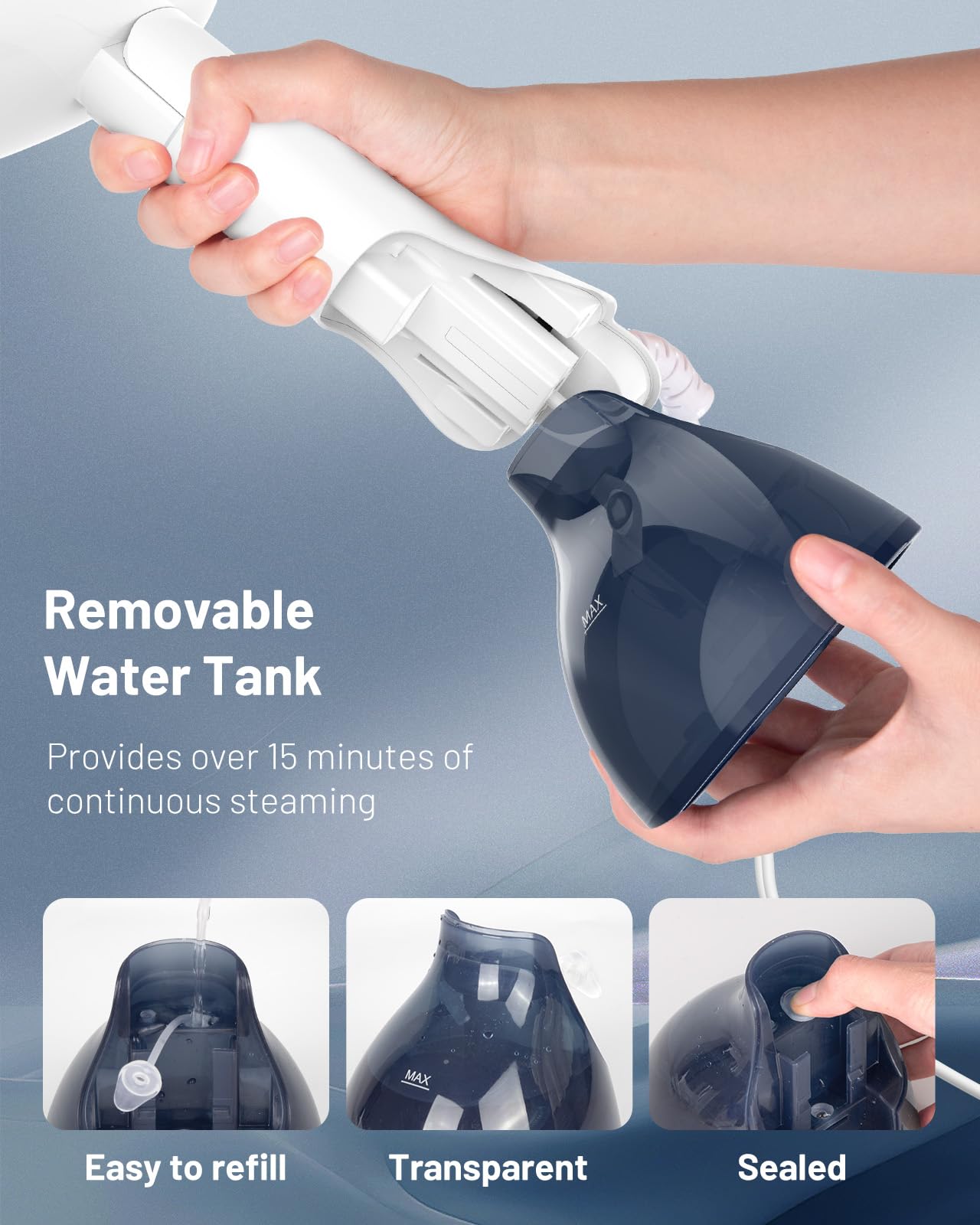 BEAUTURAL Steamer for Clothes, Portable Handheld Garment Fabric Wrinkles Remover, Aluminun Heating Plate, 35-Second Fast Heat-up, Large Detachable Water Tank (Only for 120V)