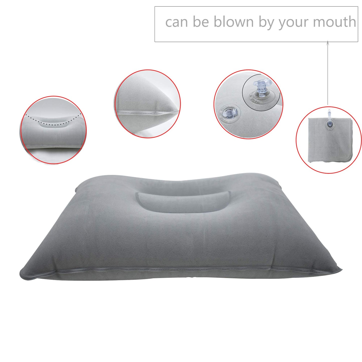 LiXiongBao 2 Pack Ultralight Inflatable Pillow Small Squared Flocked Fabric Air Pillow for Beach Hiking,Camping,Traveling,Napping,Desk Rest,Neck &Lumbar Support(Gray)