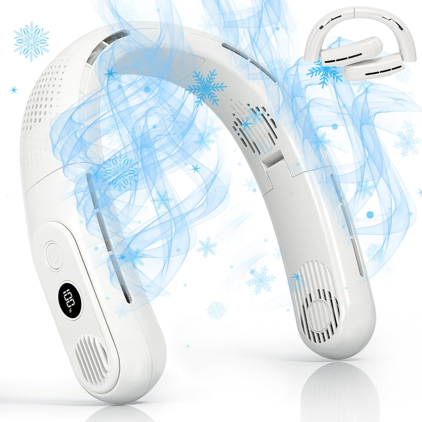 OLV Rechargeable 4 Turbo 6000mAh Portable Neck Fan - 360 Cooling Airflow, 3 Speeds, LED Battery Display, Foldable, Bladeless - Personal Fan for Work, Travel, Outdoor Activities - White