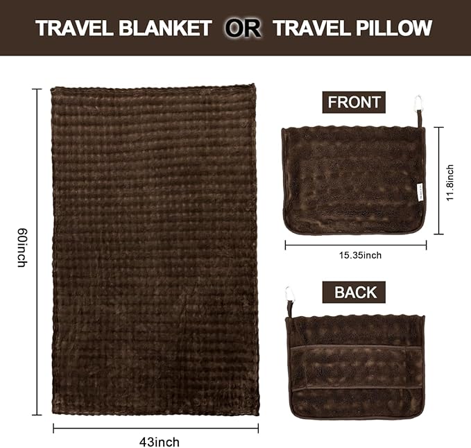 SOCHOW Travel Blanket for Airplane Train and Car, Soft Travel Blanket or Pillow 2 in 1 Compact with Portable Bag Pillowcase, Flight Blanket with Luggage Sleeve and Backpack Clip, Brown