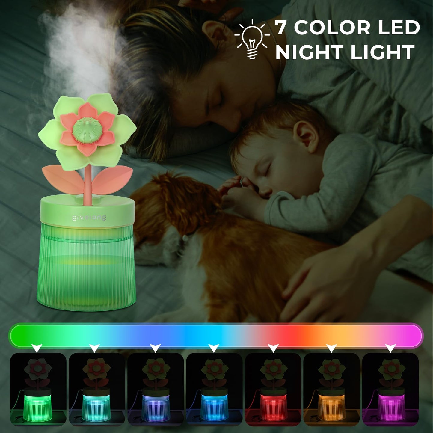 Cute Flower Mini Humidifier, 260ml Gardenia Desktop Humidifiers for Bedroom, Portable Small Cool Mist Humidification for Home, Baby Nursery, Office & Indoor Plants, USB Powered (Green)