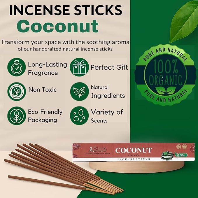 Bless-Coconut 100%-Natural-Handmade-Hand-Dipped-Incense-Sticks Organic-Chemicals-Charcoal-Free Purification-Relaxation-Positivity-Yoga-Meditation Best-Woods-Scent (500 Sticks(26 OZ))