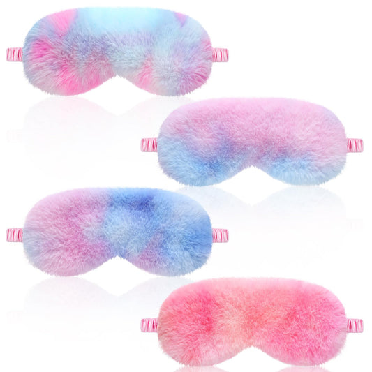 Geyoga 4 Pieces Plush Sleep Mask for Women, Comfortable Silk Furry Eye Cover, Fluffy Blindfold for Girl Sleepover Party, Night Travel, Nap Supplies, Solid