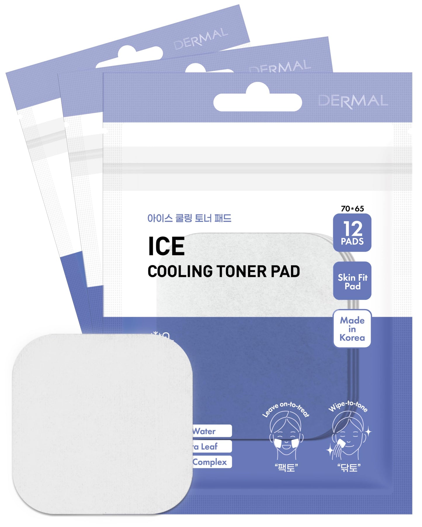 DERMAL Ice Cooling Toner Pad - Korean Soothing & Hydrating Toner Pads with Aloe Vera - After Suncare, Sunburn Relief, Redness Relief - Vegan Square Pads - Travel Kit 12 Pads, 3 Pack (Total 36 Pads)