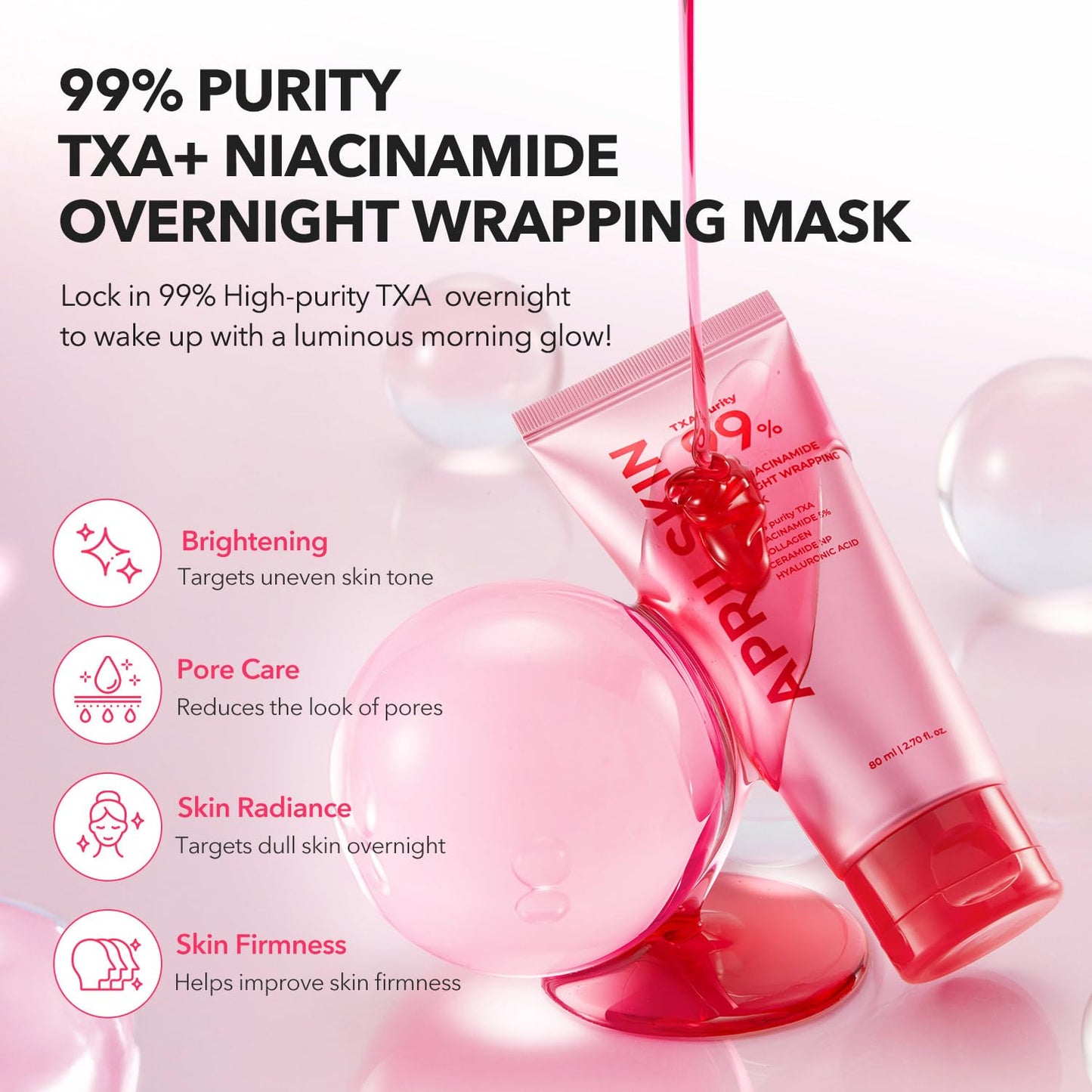 APRILSKIN TXA Niacinamide 99 Overnight Wrapping Mask | 99% High-Purity TXA+Niacinamide for Uneven Skin Tone | Overnight Skin Booster for Toning Care, Firming & Pore Care | 80ml, 2.70 fl.oz.