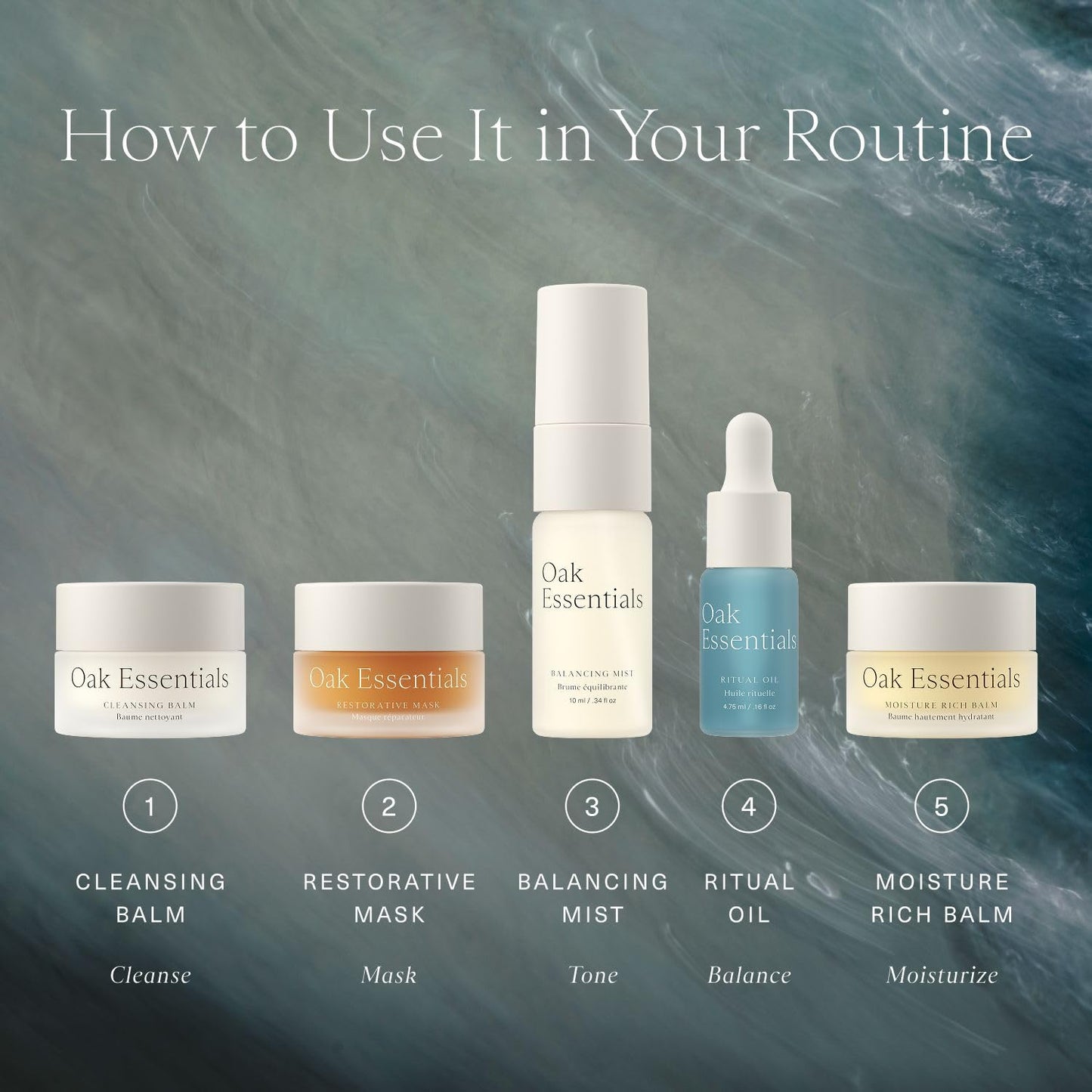 Oak Essentials Mini Routine | Clean Hydrating Travel-Size Set with Cleanser, Mask, Balm, Oil & Toner