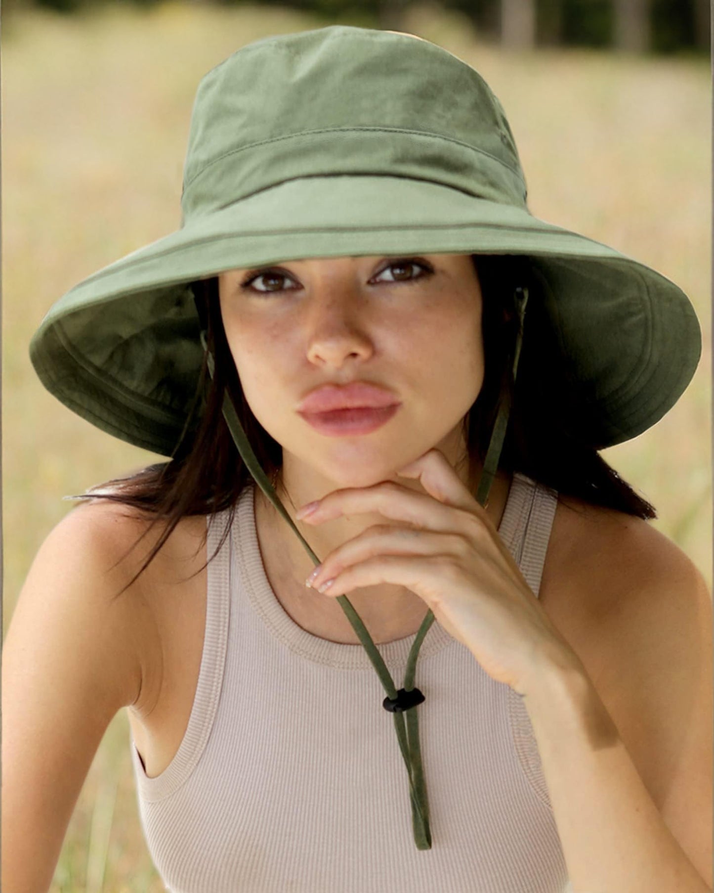 Sun Hats for Women Gardening Hat Wide Brim Ponytail Beach Sun Protection Breathable Cotton Summer Hat with Fold-Up Brim Green