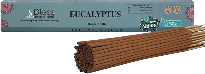 Bless-Eucalyptus 100%-Natural-Handmade-Hand-Dipped-Incense Organic-Chemicals-Charcoal-Free Purification-Relaxation-Positivity-Yoga-Meditation Best-Woods-Scent (25 Sticks (1.4 OZ))