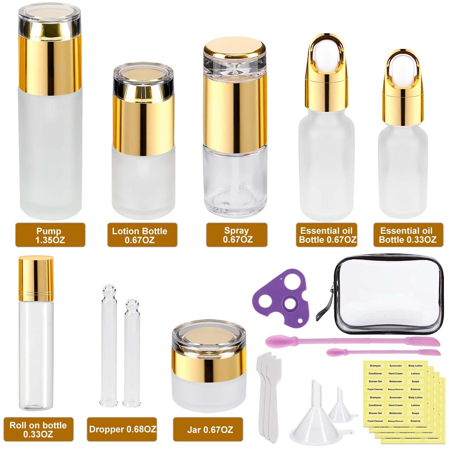 30 Pack TSA Approved Glass Travel Skincare Containers, 1.3/1/0.7/0.3oz Refillable Traveling Size Containers with Pump, Jars & Essential Oil Bottle in Clear Zip Bag, Leak-Proof for Creams & Liquids
