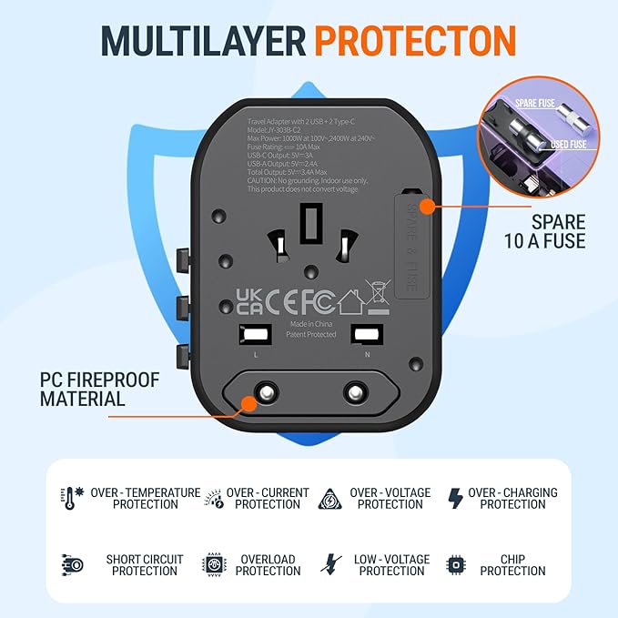 5 in 1 Universal Travel Adapter-10A | International Power Adapter with 2 USB C, 2 USB A Ports | 3.4A & 2400W Fast Portable Charger | Travel Adapter Worldwide Covering 200+ Countries- Black