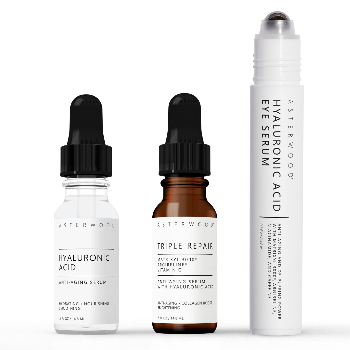 Asterwood Skin Care Set - with Hyaluronic Acid & Triple Repair Serums, Under Eye Serum - Skincare Essentials - Hydrating, Moisturzing, Anti-Aging - Fragrance-Free