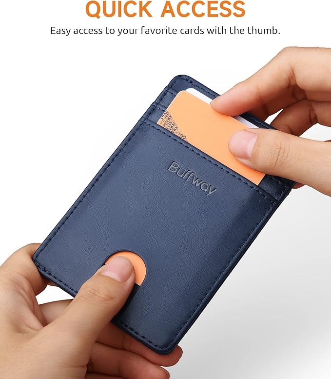 Buffway Mens Slim Wallet, Minimalist Thin Front Pocket Leather Credit Card Holder with RFID Blocking for Work Travel