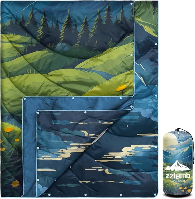 zzlamb Camping Blanket, Outdoor Lightweight Travel Blanket Puffy Portable Down Alternative, Windproof Warm Cloak with Snaps, Cozy Quilt Backpacking Picnic RV Plane Car Hammock Beach Climbing