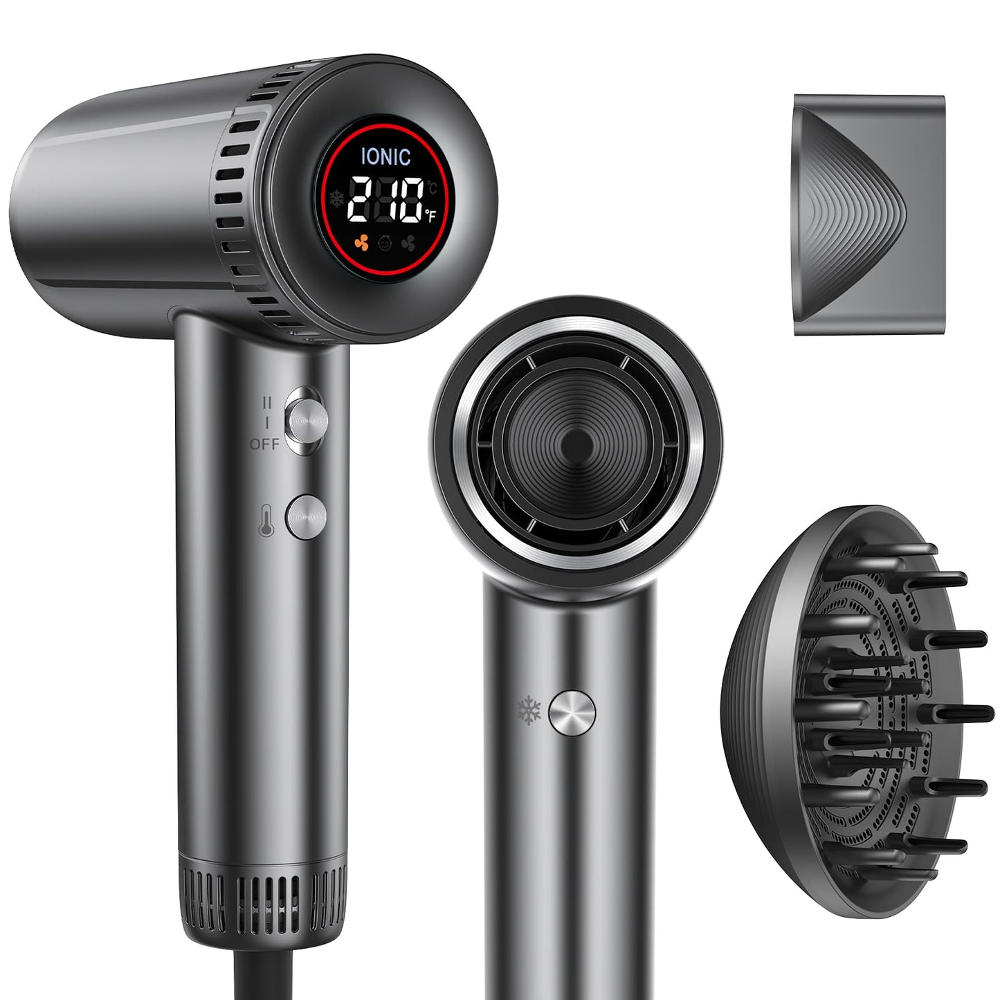 Hair Dryer with Magnetic Diffuser Attachments, Professional High Speed Ionic Blow Dryer for Fast Drying,9 Heat & 2 Speed Settings,Auto Clean and Cool Shot,Compact Hair Blow Dryer for Travel,Salon,Home
