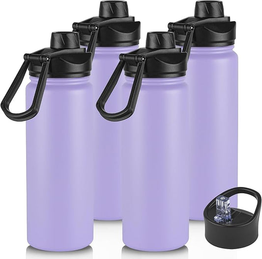 24oz Insulated Water Bottle with Straw Lid, Stainless Steel Metal Water Bottle with Straw & Wide Mouth Lid, Double Wall Vacuum Water Bottle for Hiking Camping, Lavender 4 Pack