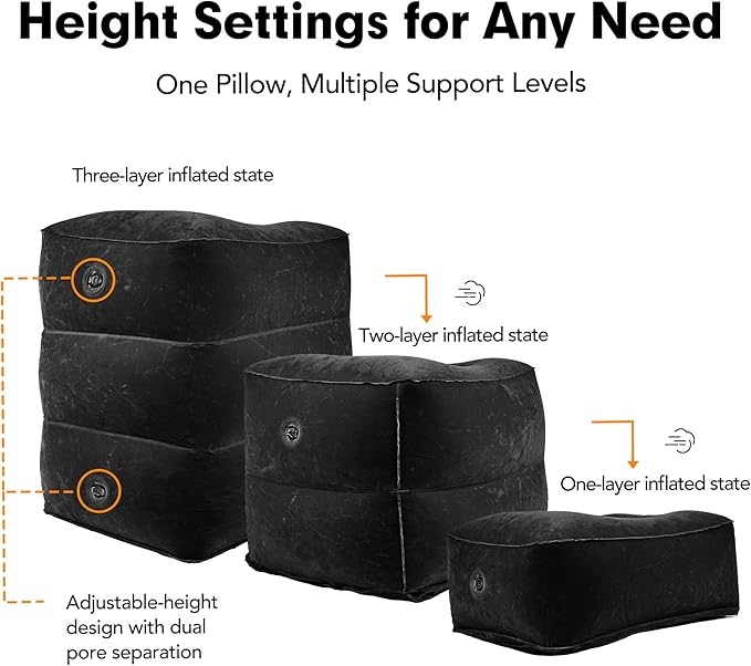 Inflatable Foot Rest Pillow for Travel, Adjustable Height Cushion Kids/Adults Airplane Travel Pillow, Suitable for Trains, Cars, Office, Home Comfort - Black