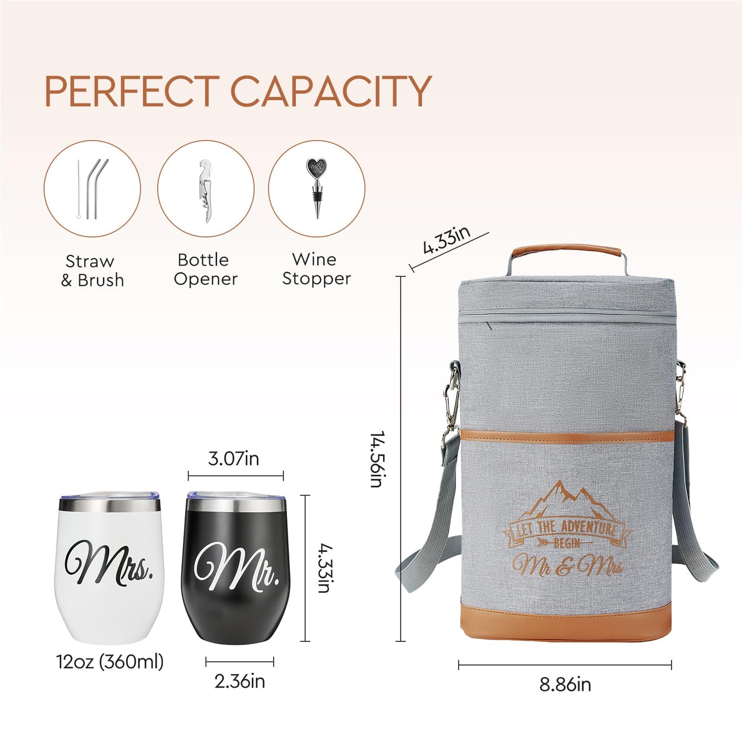 AW BRIDAL Engagement Gifts for Newlywed Couples 2025, Mr and Mrs Wine Gift Basket for Wedding Bridal Shower, Anniversary Insulated Wine Cooler Bag Tumblers with Accessorie Set for Beach Camping Travel