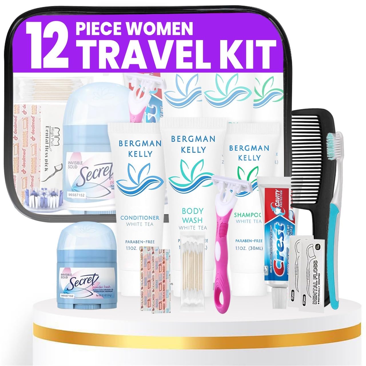 Trektote Travel Toiletry Kit For Women – 12 Piece Set Of Travel Size Toiletries, TSA Compliant, Travel Essentials, Includes Shampoo And Conditioner, Body Wash, Toiletry Bag & More