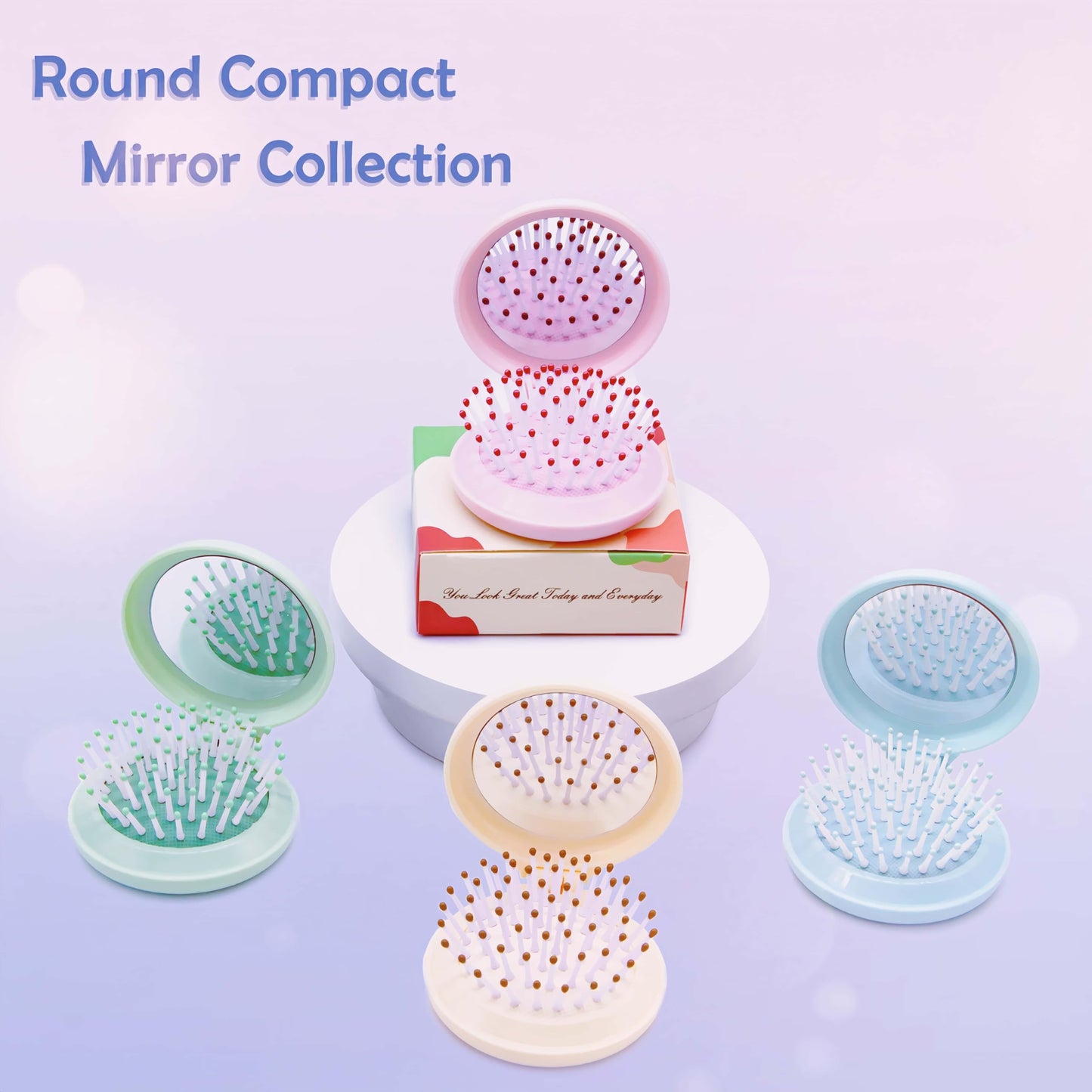 Arthaxi Travel Hairbrush and Mirror Set for Women, Folding Brush with Compact Mirror for Purse or Backpack, Cute Baby Blue Gift