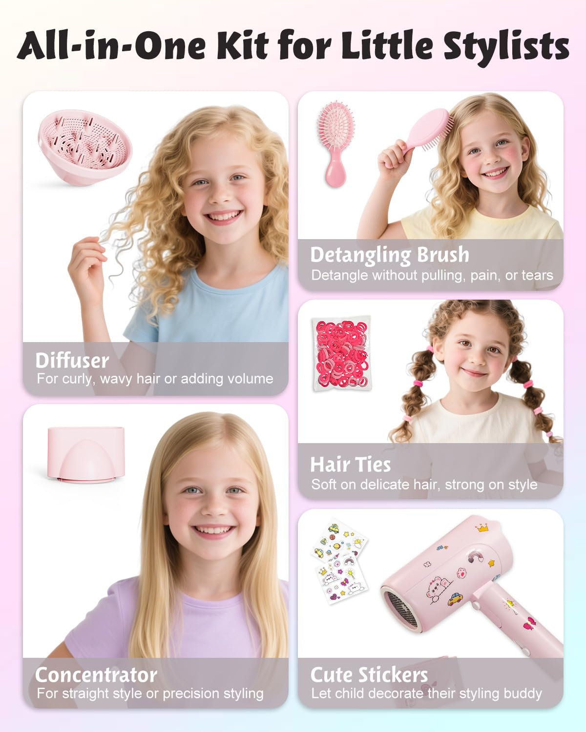 FeeKaa Foldable High Speed Kids Hair Dryer 100 Million Negative Ions, Mini Ionic Travel Kids Blow Dryer with Diffuser Concentrator Detangler Brush Hair Ties Cute Stickers, Compact, Lightweight, Quiet