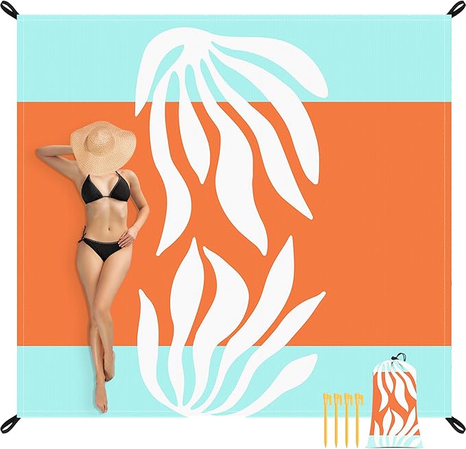 Beach Blanket Waterproof Sandproof, 78”x 86” Outdoor Beach Mat for 1-4 Adults, Quick Drying Foldable Sandfree Picnic Blanket with Stakes & Pockets for Travel, Camping, Hiking, Festival