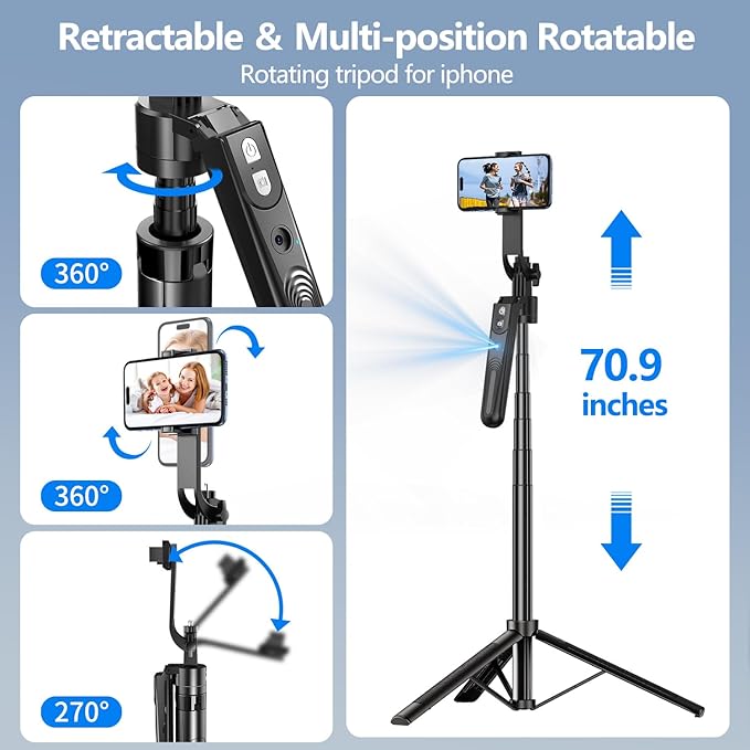 Auto Face Tracking Tripod 360° Rotation with Stand, 70.9" Motion Sensor Phone Tripod Stand, No App, Gesture Control, Smart Face Body Auto Tracking Selfie Stick Tripods for Video Record/Live Streaming