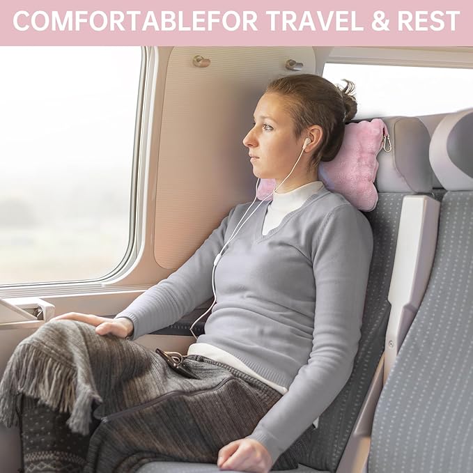 Travel Blanket and Pillow-2-in-1, Ultra-Soft&Compact, One-Piece Airplane Blanket with Hand Luggage Belt and Backpack Clip,Travelers Accessories Gifts, 61x43 Inches (Pink)