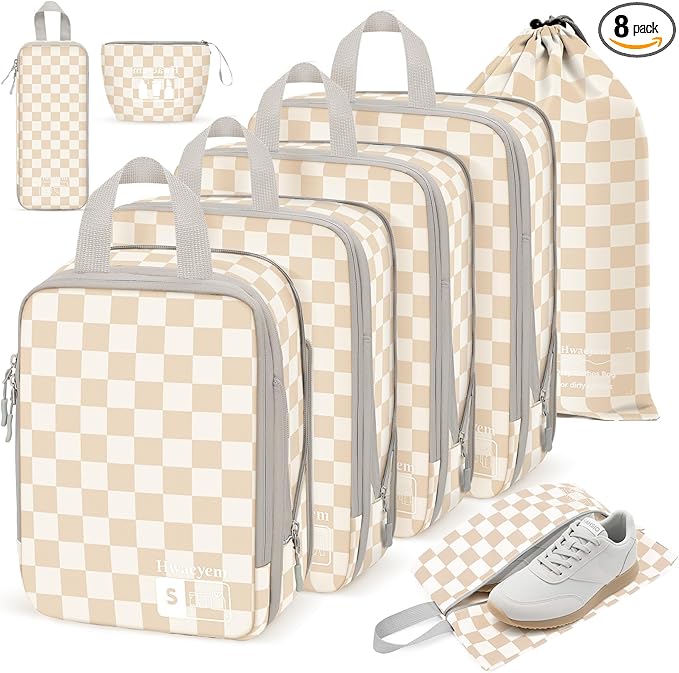 8 Set Compression Packing Cubes Travel, Lightweight Durable Packing Compression Cubes, Accessories Bags Packing Cubes for Travel Luggage Organizer (Khaki Checkered)