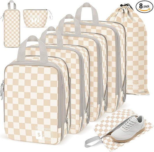8 Set Compression Packing Cubes Travel, Lightweight Durable Packing Compression Cubes, Accessories Bags Packing Cubes for Travel Luggage Organizer (Khaki Checkered)