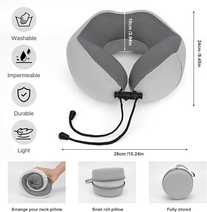 Travel Pillow Memory Foam Neck Pillow for Airplane Washable Silk Cover Ergonomic Neck Support Pillow with Storage Box