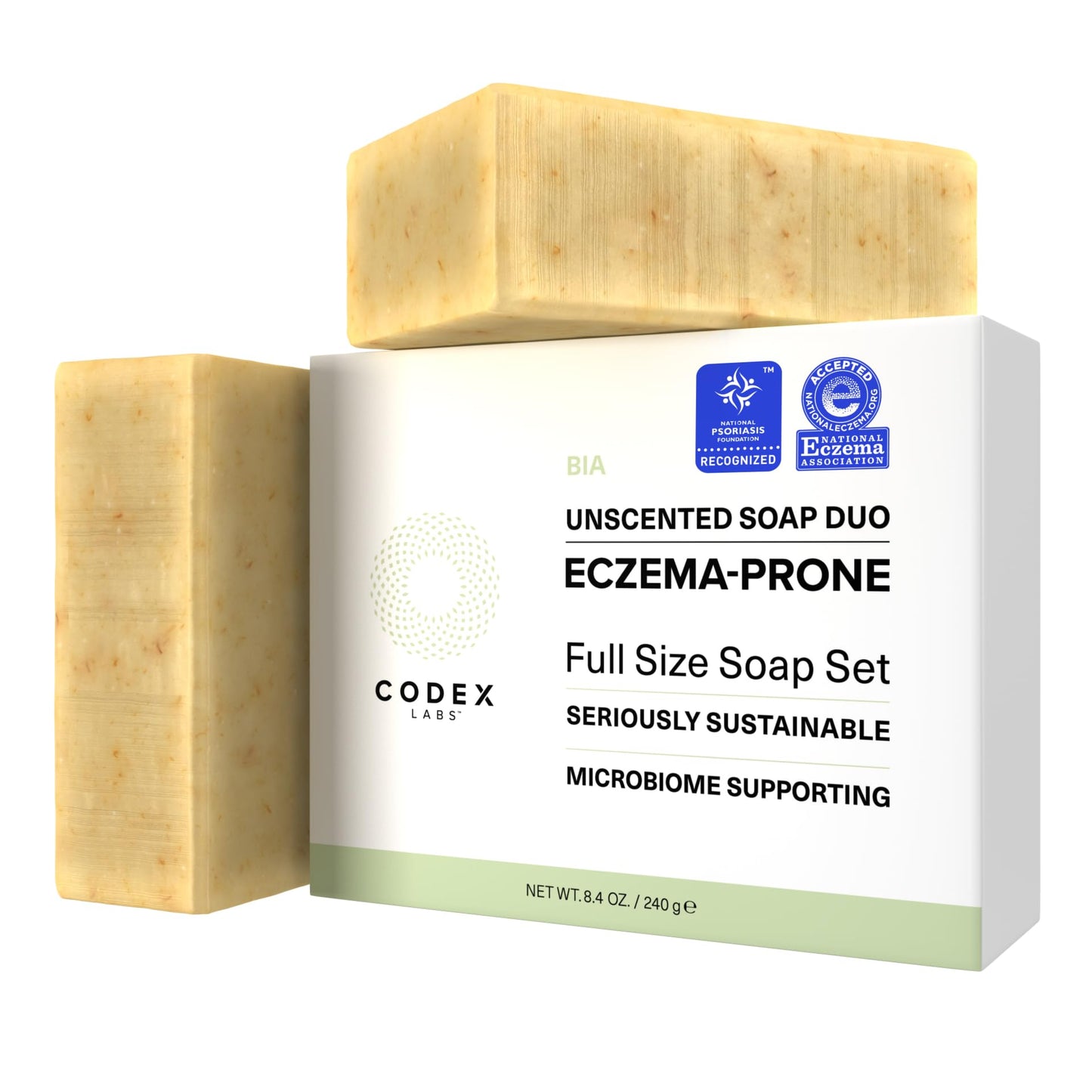 Codex Labs Eczema Soap for Kids & Adults – 2-Pack Unscented Eczema Hand Soap Bars with Shea Butter, Olive Oil & Calendula – Microbiome-Supporting, pH-Balanced, Clinically Tested – 8.4 oz Total