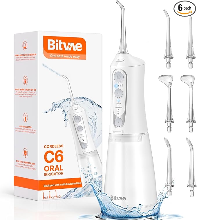 Bitvae Water Dental Flosser Teeth Pick, Cordless Flosser for Travel with 6 Jet Tips, 3 Modes 5 intensities, IPX7 Waterproof Portable & Rechargeable Oral Irrigator Cleaner, White