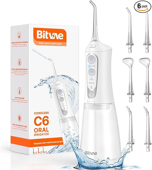 Bitvae Water Dental Flosser Teeth Pick, Cordless Flosser for Travel with 6 Jet Tips, 3 Modes 5 intensities, IPX7 Waterproof Portable & Rechargeable Oral Irrigator Cleaner, White