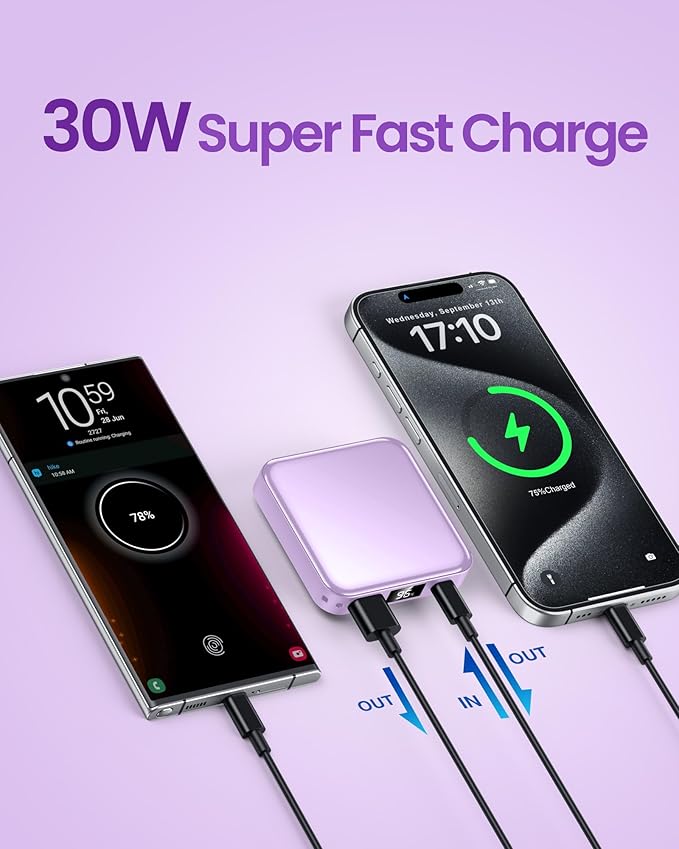 10000mAh Small Power Bank，Fast Charge Mini Portable Charger, USB C Input/Output with External Battery Pack, Smart LED Display，Suitable for iPhone, Samsung, iPad and Tablets.