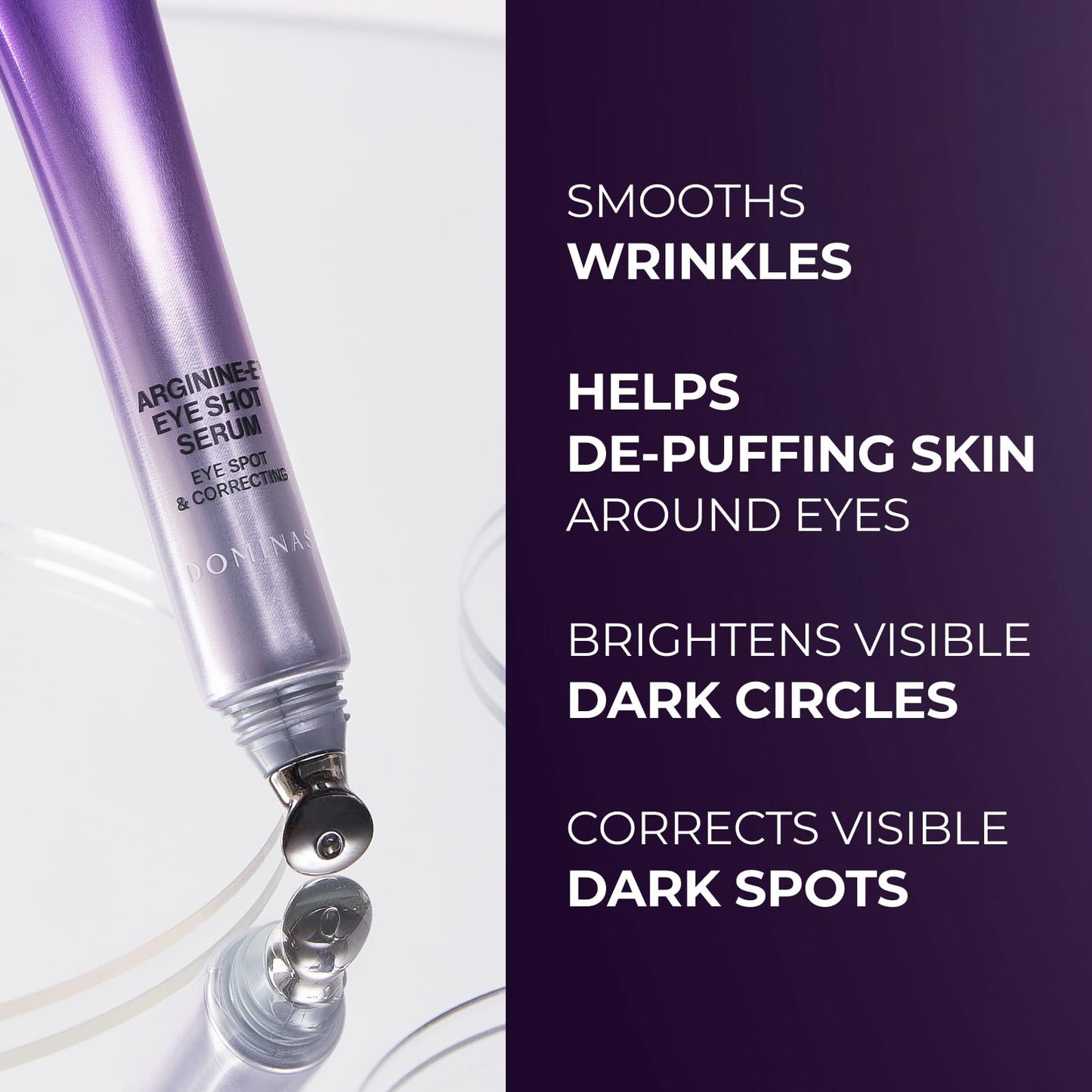 Atclinic DOMINAS Caffeine Eye Serum with Arginine-E & Vitamin E – Korean Eye Gel for Puffiness, Dark Circles, Fine Lines | Cooling Guasha Metal Tip (0.67 fl oz)