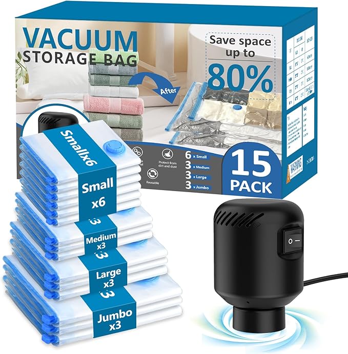 15 Pack Vacuum Seal Bag for Clothing with Electric Air Pump,Space Saver Vacuum Storage Bags for Clothes,Mattress, Blanket, Duvets, Pillows(3 Jumbo/3 Large/3 Medium/6 Small Bags)