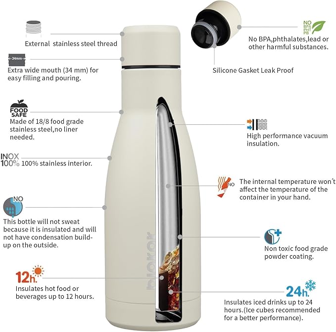 BJPKPK 12oz Water Bottles Stainless Steel Double Wall Vacuum Insulated Small Water Bottles for Travel,Beige