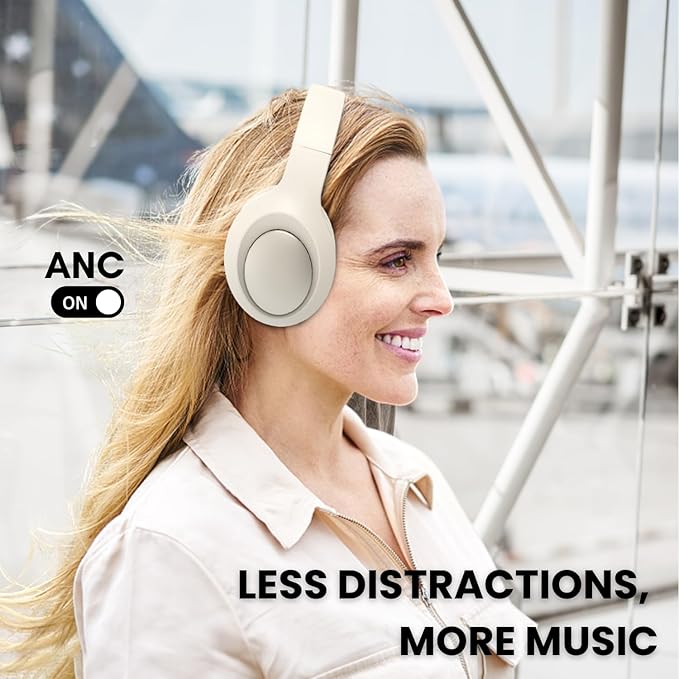 Beige Noise Cancelling Headphones Wireless,Bluetooth Headphones Over Ear, Wireless Headsets with Mic,60H Playtime,Deep Bass Memory Foam Ear Cups,Lightweight for Travel,Home,Gym