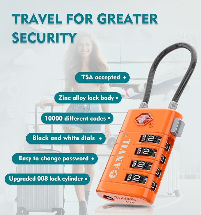ANVIL 4 Digit Luggage Locks, TSA Locks for Luggage, Advanced TSA008 core, Alert Indicator for Your Travel Lock, Suitcase Lock. (4, Orange)