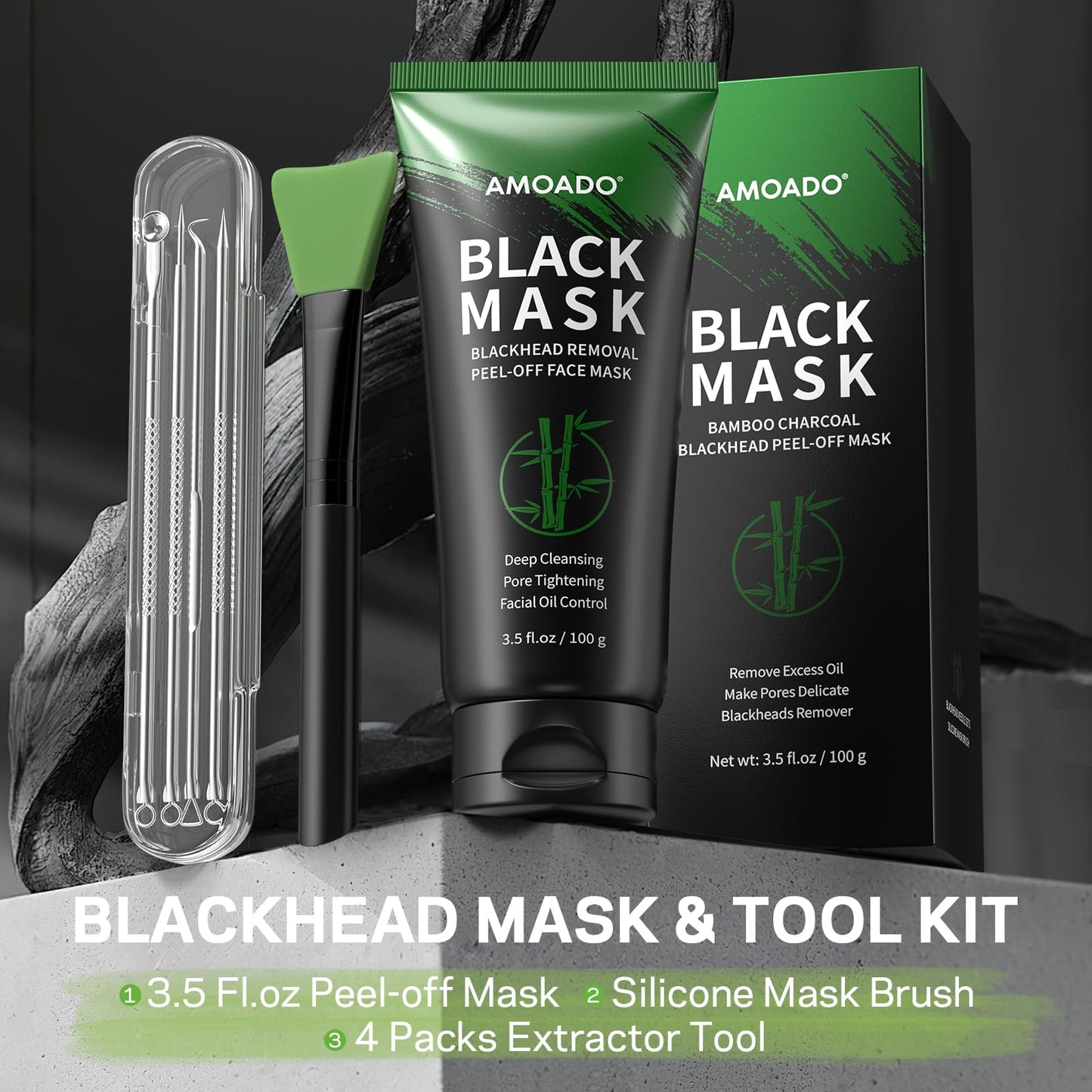 AMOADO Blackhead Remover Mask, Charcoal Peel Off Face Mask Kit, (100g) Deep Pore Cleans,Oil Control, Blackheads Removal Peel Off Black Mask for Men & Women – Includes Brush,Extractor Tool