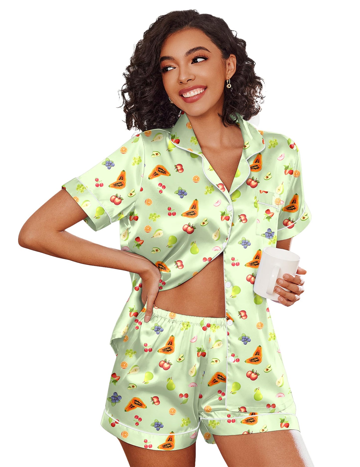Ekouaer Satin Pajama Set for Women Comfy Short Sleeve Silk Sleepwear Button Up 2 Piece Pjs Shorts Set Bridal Gift,Green Fruit,M