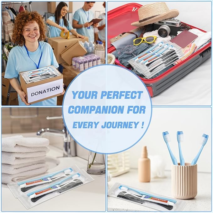 20 Sets Disposable Toothbrushes with Toothpaste Floss Comb Individually Wrapped, Disposable Toothbrush Bulk, 10g Toothpaste,Dental Floss,6in Comb Bulk Toothbrush Kit for Homeless,Airbnb,Hotel