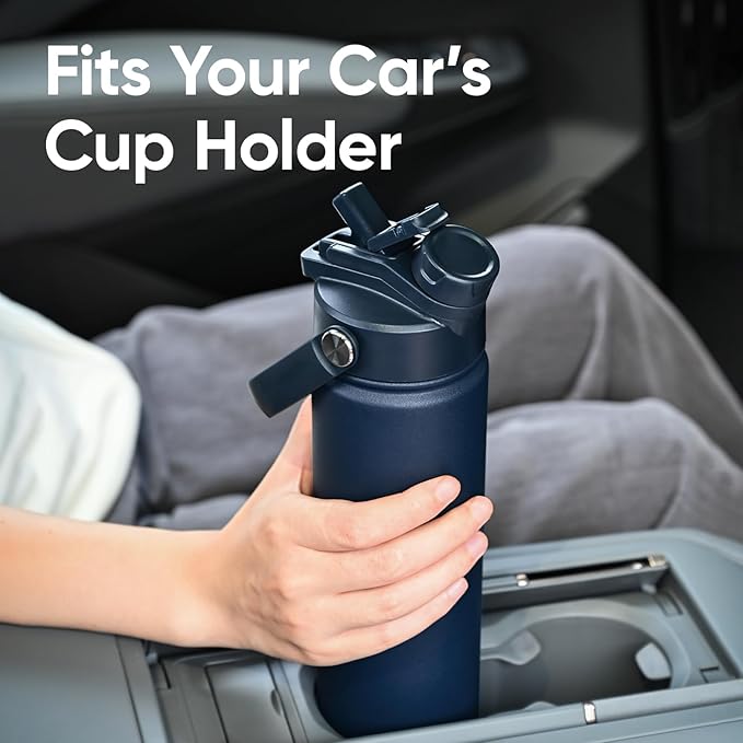 24 oz Insulated Water Bottle, 2-in-1 Lid, Straw & Spout with Protected, Leak Proof, Keep Cold, Stainless Steel, Metal, Reusable, Handle, for Travel, Gym and School, 2 Lids, Denim Blue