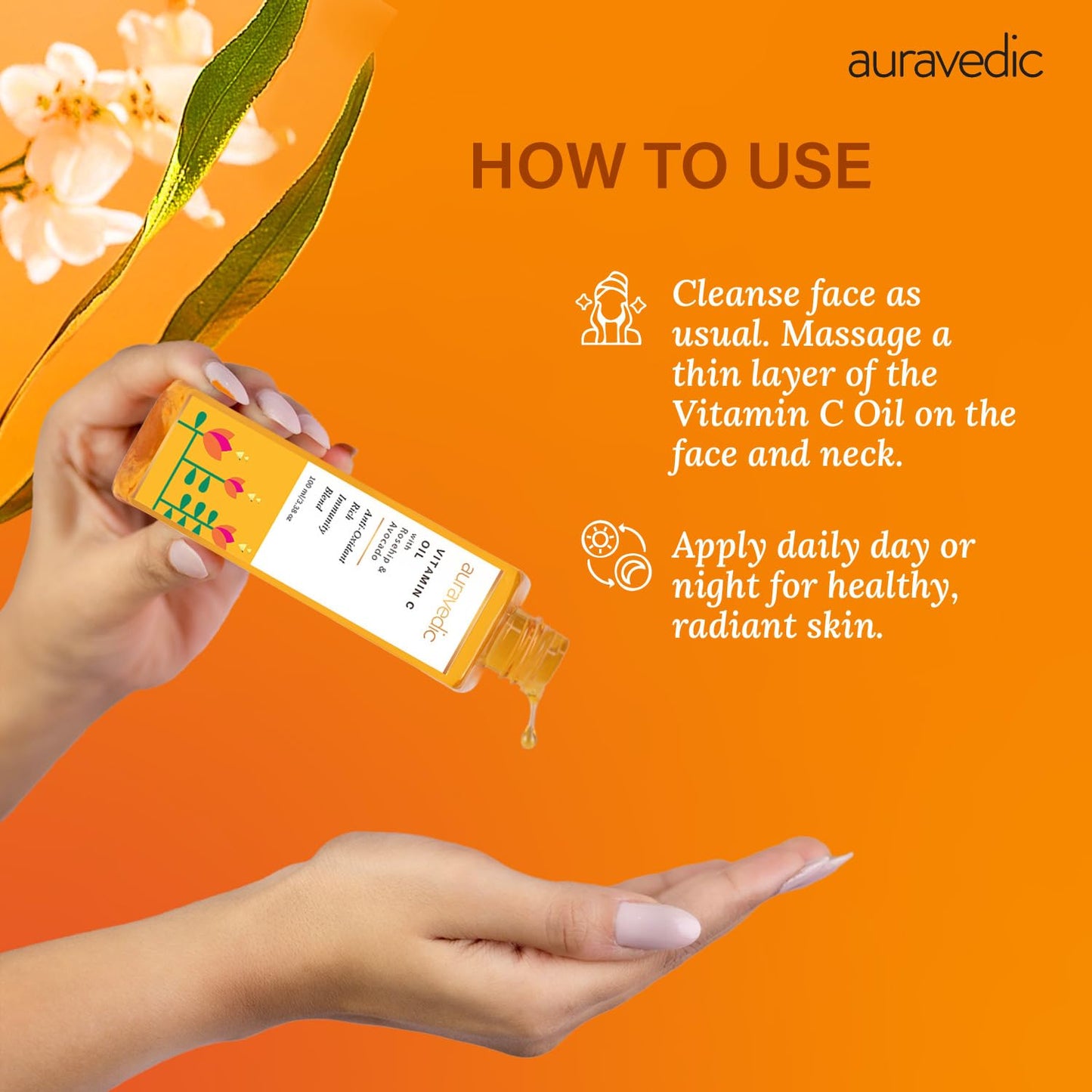 Auravedic Vitamin C Face Oil | with Rosehip, Avocado and Vitamin E | Natural & Organic Skin Moisturizer | Ayurvedic Facial Massage Oil for Soft, Smooth Skin | 3.38 Fl Oz (100ml)