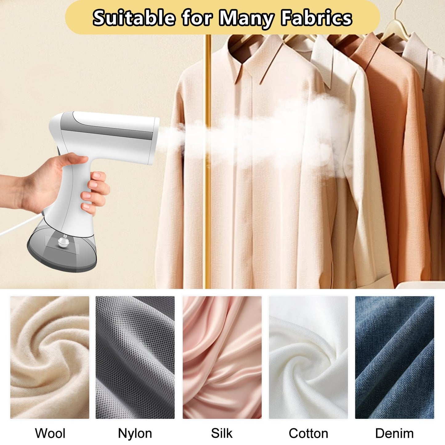 BUNUD Clothes Steamer Handheld 1500W: 20S Heat-up Garment Steamer for Clothes with 300ml Water Tank - Portable Fabric Wrinkle Remover - Steam Iron 2 In 1 with Brush for Home/Office/Travel (White)