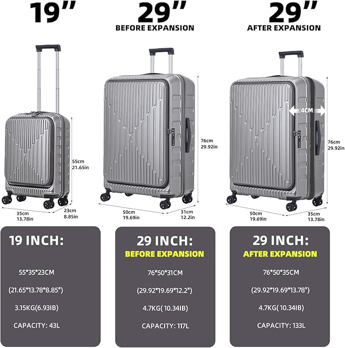 2 Pieces 19/29 Luggage Sets, 19 Inch Carry On Luggage with Front Pocket & 29 Inch Side Opening Suitcase, Ligthweight ABS+PC Hardshell, Gray