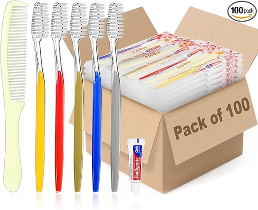 100 Pack Disposable Toothbrushes with Toothpaste and Comb for Homeless Individually Wrapped-Suitable for Hotel,Air Bnb,Shelter/Homeless/Nursing Home/Charity 1