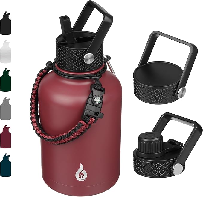BJPKPK Insulated Water Bottles with Straw Lid, 50oz Large Water Jug, Stainless Steel Vacuum Bottles, Hot & Cold Thermo with 3 Lids and Paracord Handle,Brick Red